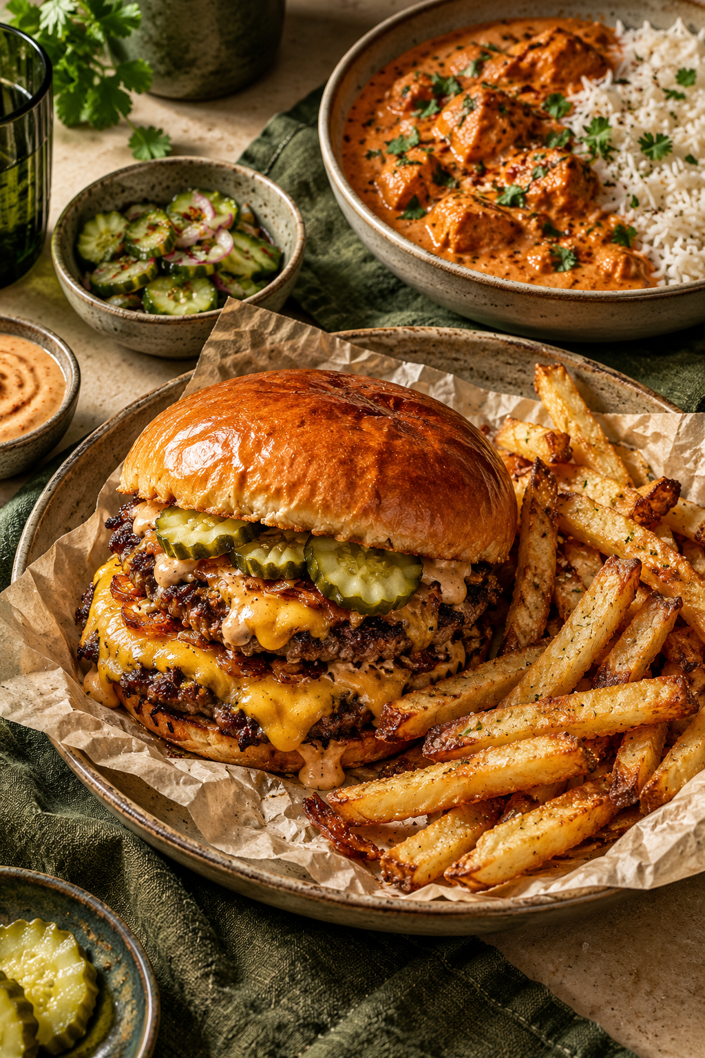 A homemade smash burger with golden fries and a bowl of curry and rice