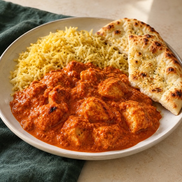 Homemade chicken tikka masala with pilau rice and naan